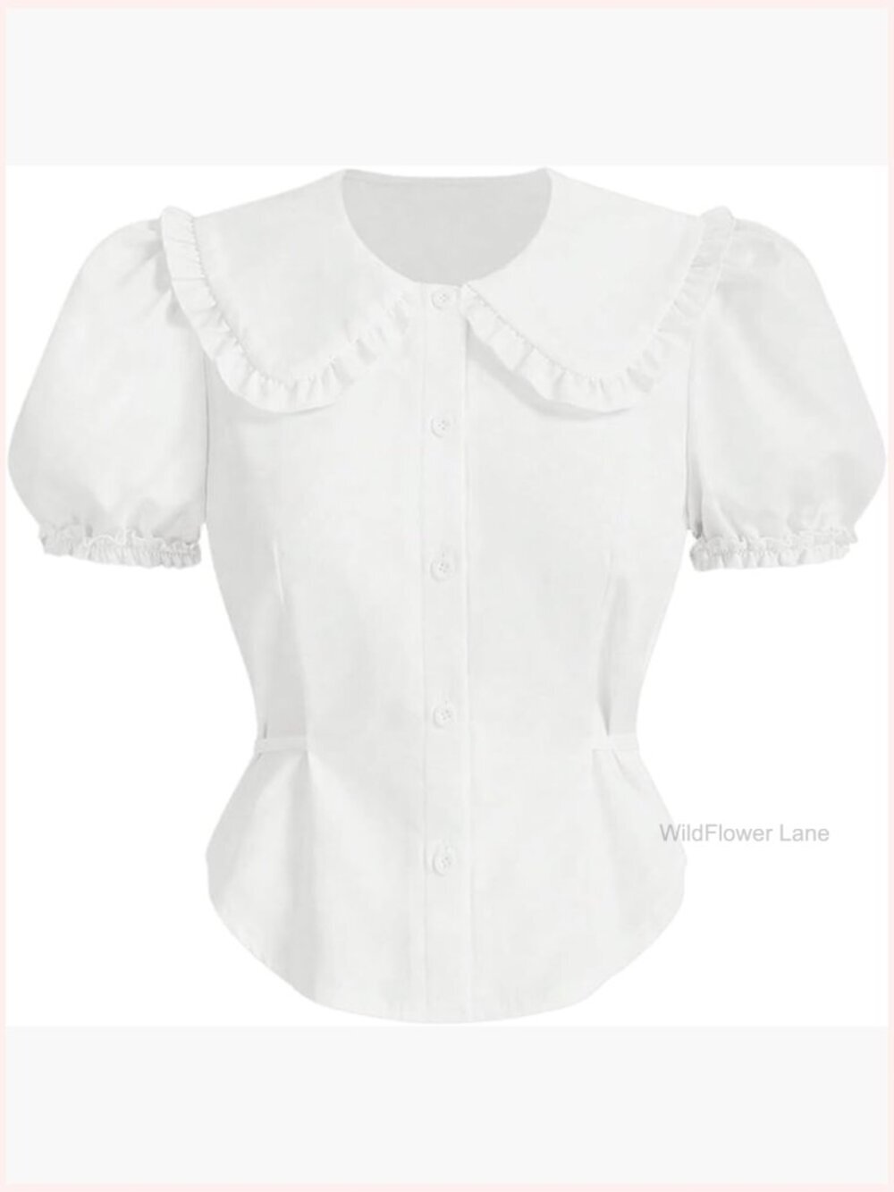 Puff Sleeve Button Down Shirt Frill Trim Cute Blouses Tops